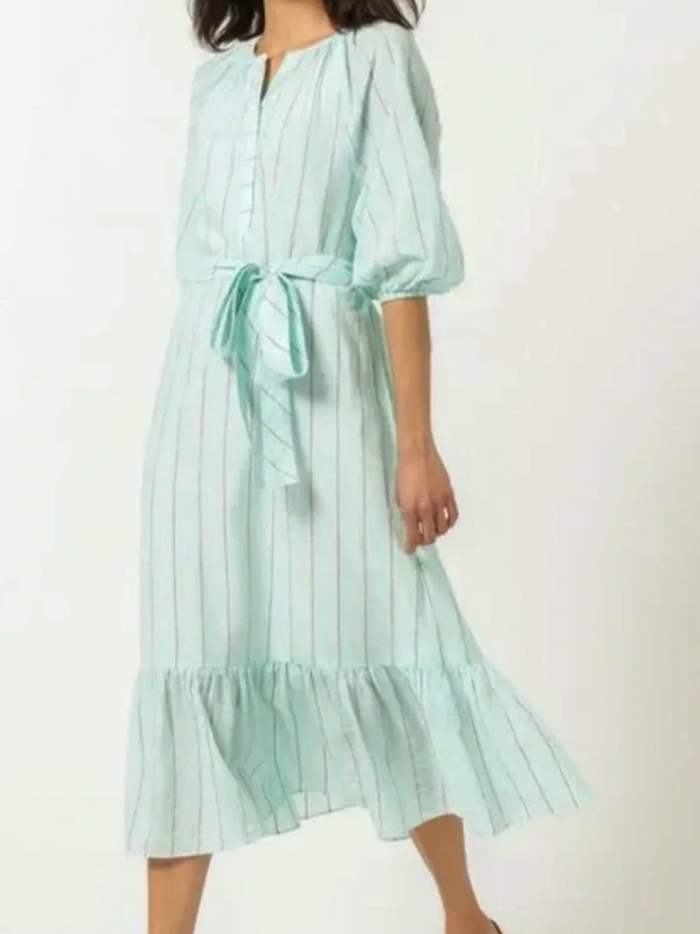 New Lilla P Aqua Stripe Balloon Sleeve Tiered Midi Dress size medium